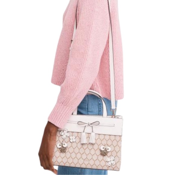 KATE SPADE White & Cream Honeycomb Beaded Bee Leather Crossbody Satchel Bag - Picture 4 of 13